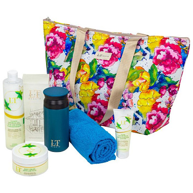 Набор Алоэ и Зеленый чай, термосумка LT-BB2, крем для тела, крем бальзам для рук, гель для душа, термокружка голубая, полотенце в ассотрименте La and Te beaute LT-21Bag