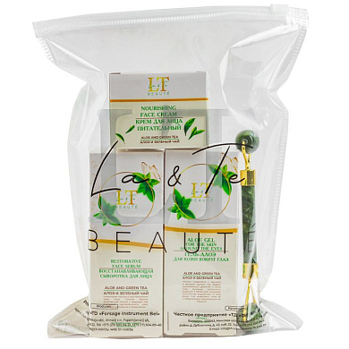 Набор Алоэ и зеленый чай, крем для лица, сыворотка для лица, гель алоэ для кожи вокруг глаз, массажный ролик La and Te beaute LT-49