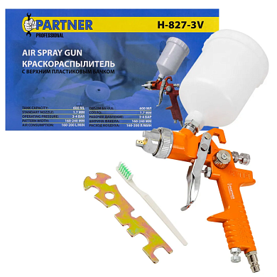 Краскораспылитель с верхним пластиковым бачком бачок 600 мл, сопло 1.7 мм Partner PA-H-827-3V