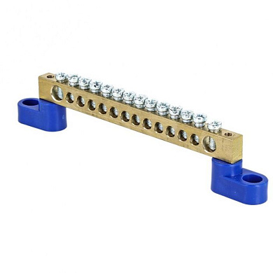 Шина "0" N (6х9мм) 14 отверстий латунь 2 синих угловых изолятора EKF PROxima sn0-63-14-2