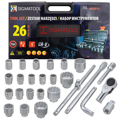 Набор головок 26 пр. 12-гр 3/4'' 21-50 мм, 1'' 55-65 мм SIGMATOOL Sigmatool-68262-9