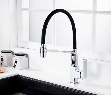 Смеситель для кухни с гибким изливом, латунь, хром + черный Ledeme L4078-2