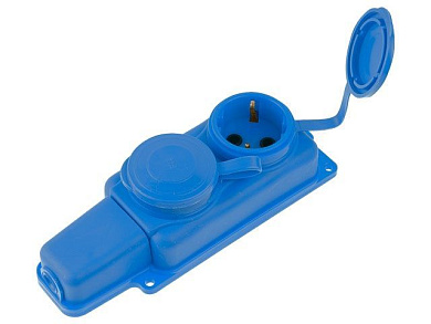 Розетка 2-ая переносная, с/з, 16А, 250В, брызг. защ., каучук, синяя, РП 16-232, Юпитер JP7601-07
