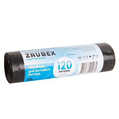 Мешки для мусора ПНД "Zaubex", 15 мкм, 120 л, 10 шт/рулон, черный