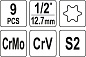 Набор ударных головок-бит 1/2'' TORX Т30-T70, CrMo, CrV, S2 9 пр. Yato YT-10664
