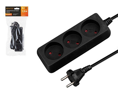 Удлинитель 1,5 м, 3 роз., 2,2кВт, б/з, ПВС 2х0,75, черный, Юпитер JP8101-30