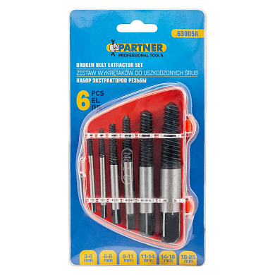 Набор экстракторов резьбы 6 пр М3-М25, Ø:3-6 мм, 6-8 мм, 8-11 мм, 11-14 мм, 14-18 мм, 18-25 мм, ''мелкий шаг'' Partner PA-63005A