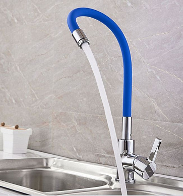 Смеситель для кухни с гибким изливом, латунь, хром + синий Ledeme L4898-6
