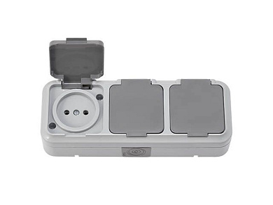 Розетка 3-ая (открытая, б/з, брызг. защ.) серая, Пралеска Аква, (IP54 пылебрызгозащищенные) Bylectrica РА16-0131(03)