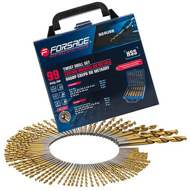 Набор сверл по металлу 1-10 мм 99 пр, для работы с мягкими металлами Forsage F-924U98