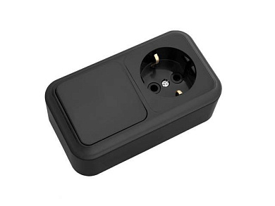 Блок выкл. 1 клав. + розетка, открытая, с/з черный, Пралеска, Bylectrica В-РЦ-527чер