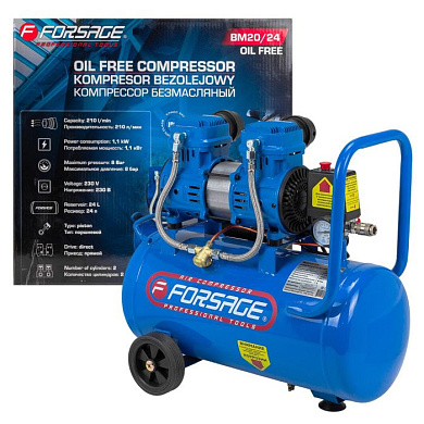 Компрессор поршневой с прямым приводом, 2 цилиндра, безмасляный, ресивер 24 л, 1.1 кВт, 8 бар, 210 л/м, 230В Forsage F-BM20/24 OIL FREE