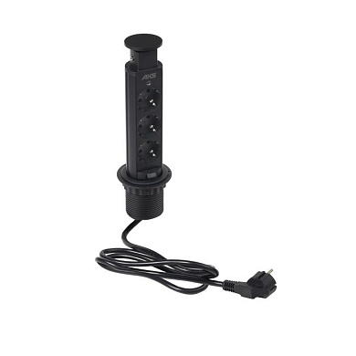 Выдвижной удлинитель Vulcan, 60 мм 3 розетки, пластик, цвет черный, AKS 113477