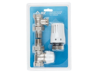 Комплект кранов прямой 1/2" для радиатора с термоголовкой, инд. упак. AV Engineering AVE144212