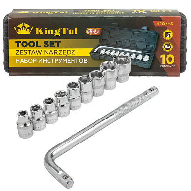 Набор торцевых головок 8-21 мм 1/2'' 6-гр, с Г-образным воротком 220 мм 10 пр KINGTUL KT-4104-5