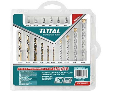 Набор бит и сверл по металлу, бетону 16 шт TOTAL TACSD3165