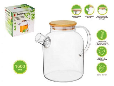 Чайник заварочный, стеклянный, 1600 мл, BAMBOO, Perfecto Linea 38-160007