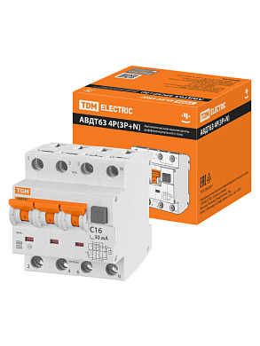Выключатель дифференциальный автоматич. АВДТ-63/4P C16 30мА тип А TDM SQ0202-0017