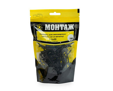 Саморез для гипсокартона 3.5x55, частый шаг, к металлу, фосфат, дой-пак M, 140 шт МОНТАЖ MD001022