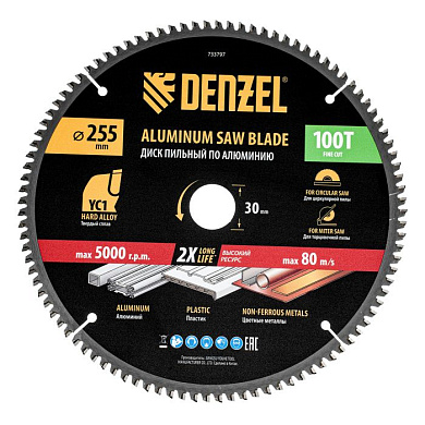 Пильный диск по алюминию ф255 х 30 мм, 100 зубьев Denzel 733797