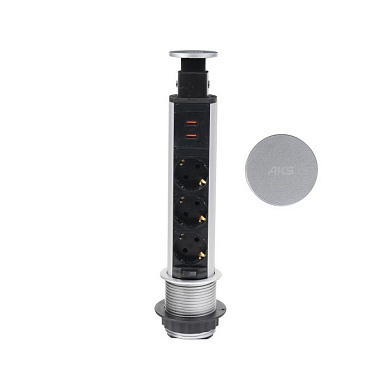 Выдвижной удлинитель Vulcan USB, 60 мм 3 розетки 2 USB, пластик, цвет алюминий AKS 78894