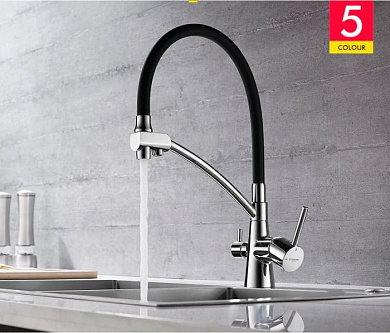 Смеситель для кухни с подключением к фильтру с гибким изливом, латунь, хром + черный Ledeme L4855-2