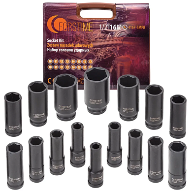 Набор головок ударных глубоких 10-19, 21, 22, 24, 27, 30, 32 мм 1/2'' 6-гр 16 пр FORSTIME FT-4167-5MPB
