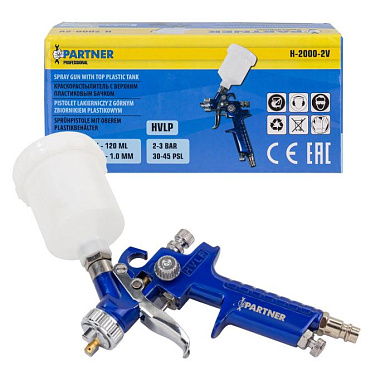 Краскораспылитель с верхним пластиковым бачком 120 мл, сопло 1.0 мм Partner PA-H-2000-2V