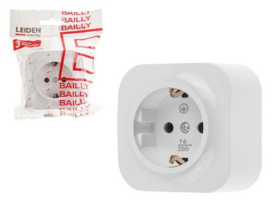 Розетка 1-ая, открытая, с/з белая, Bailly, LEIDEN ELECTRIC 806004