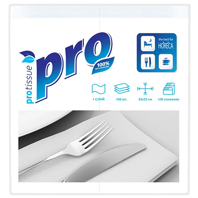 Салфетки бумажные PROtissue 33х33см, 1 слой, 1/8 - сложение, цв.белый, 100 листов