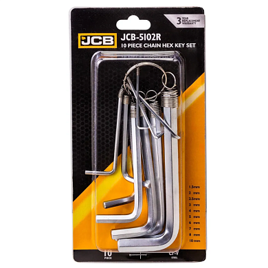 Набор Г-образных ключей HEX (6-гр) 1.5, 2, 2.5, 3-8, 10 мм 10 пр JCB JCB-5102R
