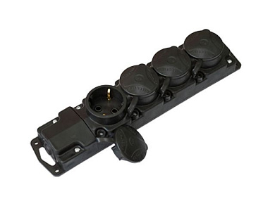 Розетка 4-ая переносная, с/з, 16А, 250В, з/ш, брызг. защ., черная, Bylectrica Р16-768