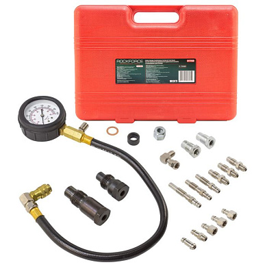 Тестер компрессии дизельного двигателя в наборе с резьбовыми адаптерами, 0-70 bar,19 пр. RockForce RF-917G2