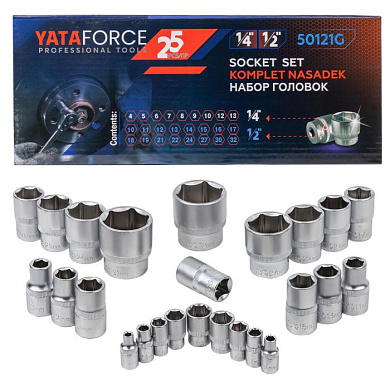 Набор головок 1/4''&1/2'', 25 пр., 6-гр. 4-32 мм YATAFORCE YF-50121G