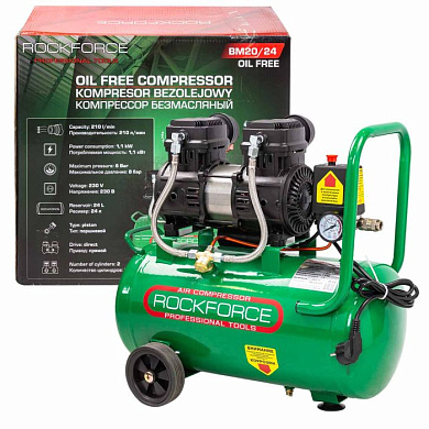 Компрессор поршневой с прямым приводом, 2 цилиндра, безмасляный, ресивер 24 л, 1.1 кВт, 8 бар, 210 л/м, 230В RockForce RF-BM20/24 OIL FREE