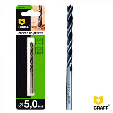 Cверло по дереву cпиральное 5х86 мм, в блистере GRAFF 765086