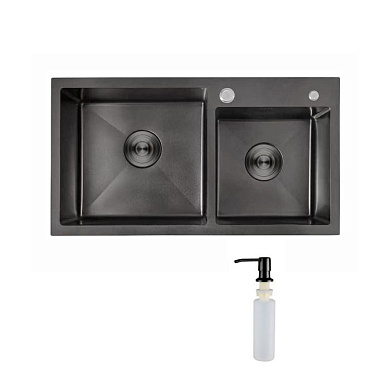 Мойка нерж. сталь, прямоугольная двухчашевая, 780*430мм, черный, PVD покрытие, мойка справа (3,2мм) AKS 106649