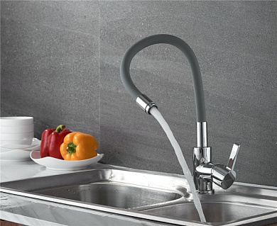 Смеситель для кухни с гибким изливом, латунь, хром + серый Ledeme L4898-9