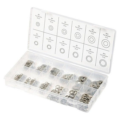 Набор шайб и гроверов, D шайб: 3, 4, 5, 6, 8, 10 мм; D гроверов: 3, 4, 5, 6, 8, 10 мм, 350 пр. Сибртех 47614