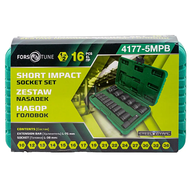 Набор ударных головок 10-32 мм 6-гр, 36 мм 12-гр, с удлинителем 75 мм, 1/2" 16 пр FORSandTUNE FORSandTUNE-4177-5MPB