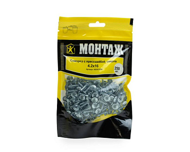 Саморез с прессшайбой 4.2x16, сверло, цинк, дой-пак M, 250 шт МОНТАЖ MD001056