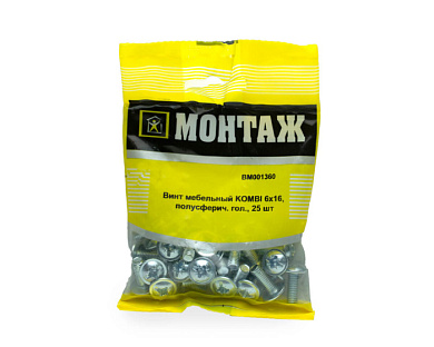 Винт мебельный 6х16, шлиц KOMBI, цинк, 25 шт МОНТАЖ BM001360