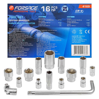 Набор головок 16 пр. 1/2" 10-36 мм 6-гр в ложементе Forsage F-4169