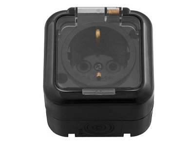 Розетка 1-ая, открытая, с/з, брызг. защ. черная, Пралеска Аква, IP54 Bylectrica РА16-297чер