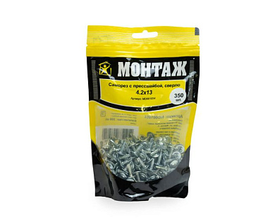 Саморез с прессшайбой 4.2x13, сверло, цинк, дой-пак M, 350 шт МОНТАЖ MD001054