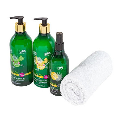 Набор косметики, маска-укрепление 490 мл, шампунь ИМБИРЬ + КРАСНЫЙ ЖЕНЬШЕНЬ 490 мл, Спрей-уход для волос ''БЕСЦВЕТНАЯ ХНА, ИМБИРЬ'' 245 мл, полотенце Bio World BW-9