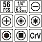 Набор бит SL, PH, PZ, Torx, HEX, Square Head 1/4'' 56 пр. Sthor 66310