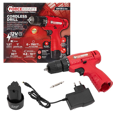 Шуруповерт аккумуляторный с подсветкой и функцией реверса, 12V, 1.2Ah, 750об/мин, 30Нм, патрон 0.8-10 мм ForceKraft FK-CDA12V Li-ion