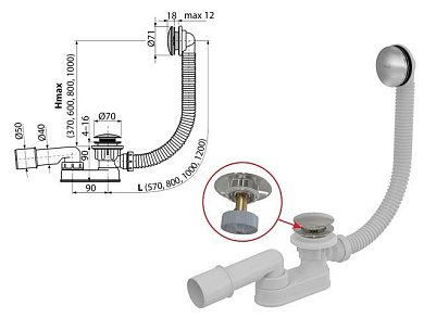 Сифон для ванны click/clack металл, Alcaplast A507CKM