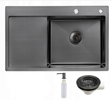 Мойка нерж. сталь, прямоугольная одночашевая, 780*490мм, графит, PVD покрытие, мойка справа, с крылом (3,2мм) AKS 106650